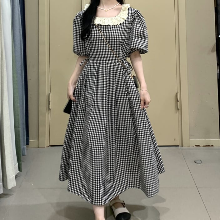 ワンピース レディース ロング丈 ギンガムチェック タック 襟付き ビックカラー 半袖ワンピース りぼん リボン ギャザー 袖ありワンピース サマードレス フレア ハイウエスト スタイルアップ 脚長効果 体型カバー シンプル フェミニン キュート ガーリー 上品 大人可愛い おしゃれ 普段使い イベント デート お出かけ 休日 リゾート 旅行 ファッション コーデ モテ 存在感 こなれ感 春 夏 ブラック フリーサイズ 10代 20代 30代 送料無料