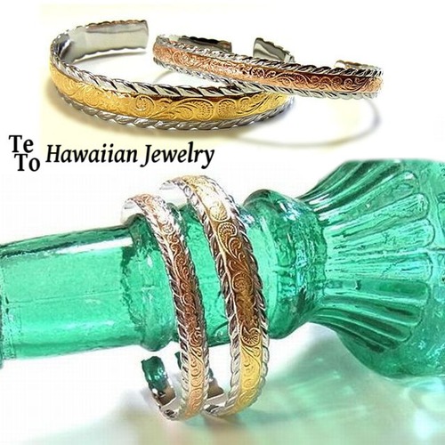 【ハワイアンジュエリー / HawaiianJewelry】 ブレスレット バングル ゴールド プルメリア スクロール (Gbsg47-48)