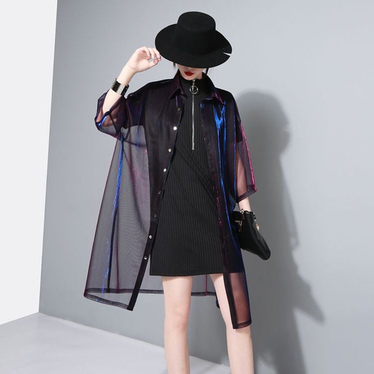 TINY COLLAR METARIC SEE-TRHOUGH HALF SLEEVES SHIRT COAT 2colors M-13684
