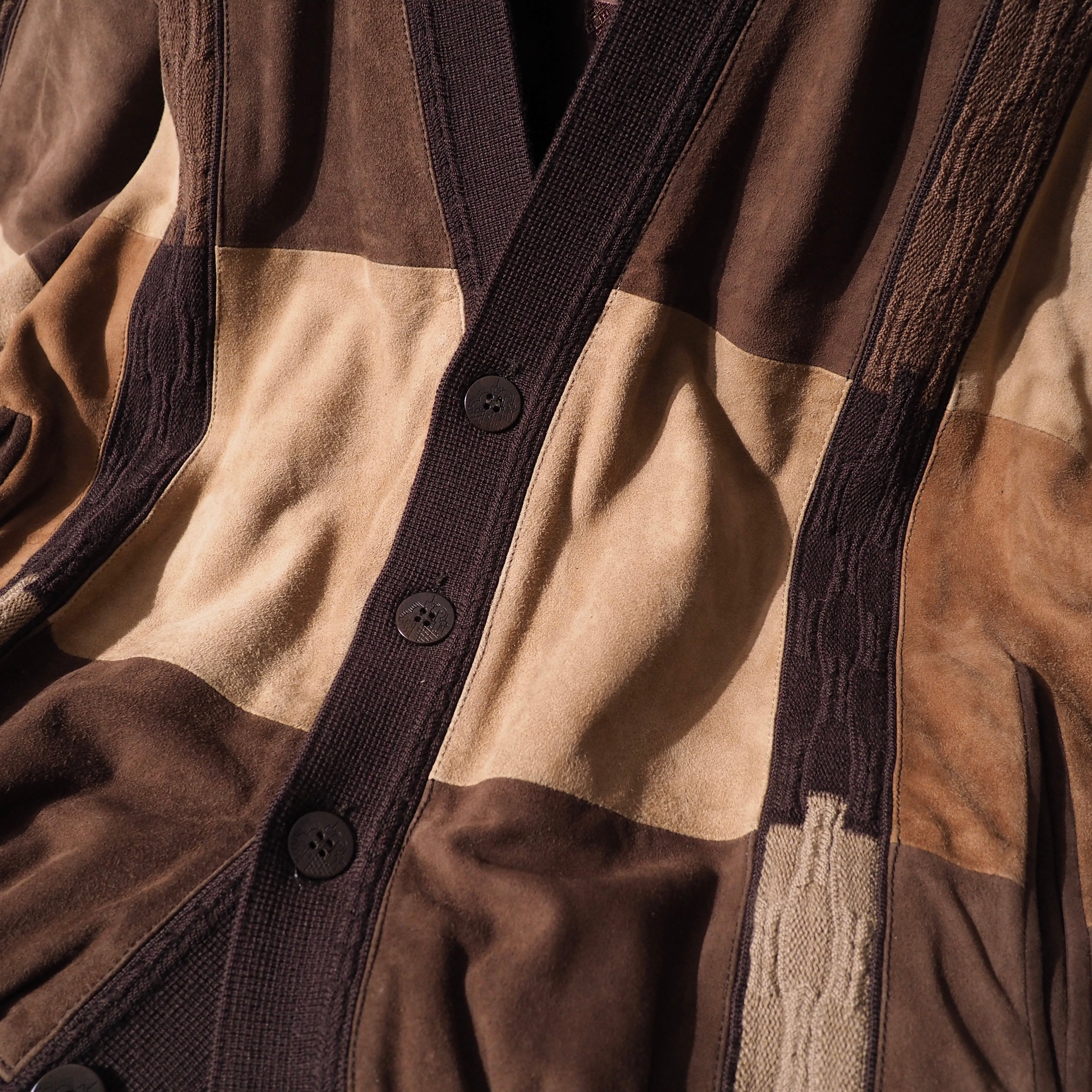 1990s ” Torras ” Special suede leather Panel combinations vintage loose Cardigan (made in Spain)
