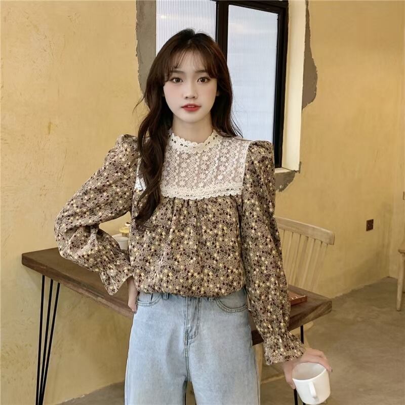 小花柄　レース切り替えブラウス　AJ44170-D04