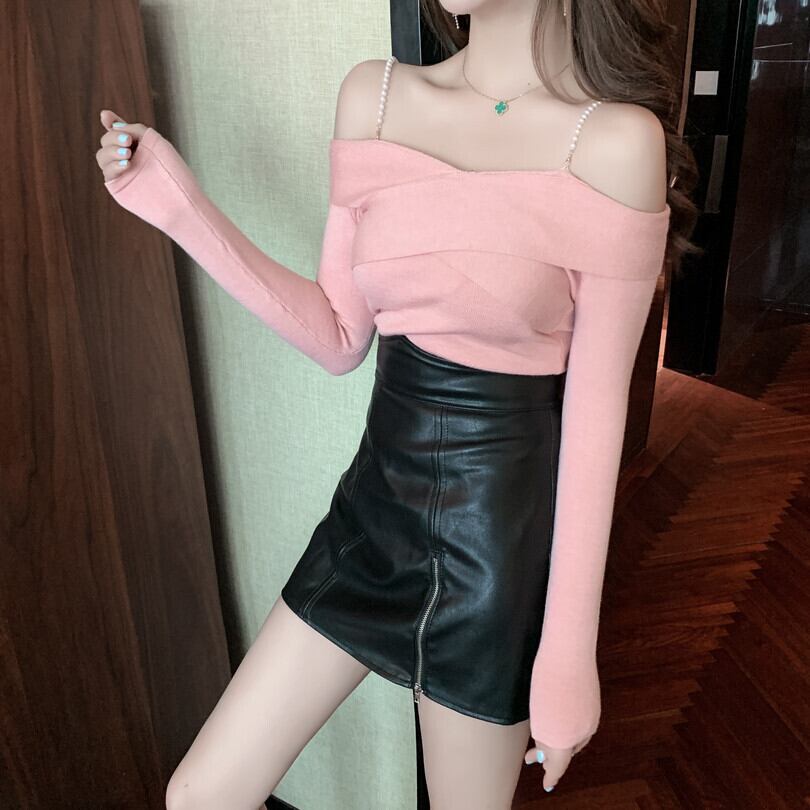 ニットシャツ ハイウェストウェストスカート Aライン オフショルダー ガールズファッション10634794031