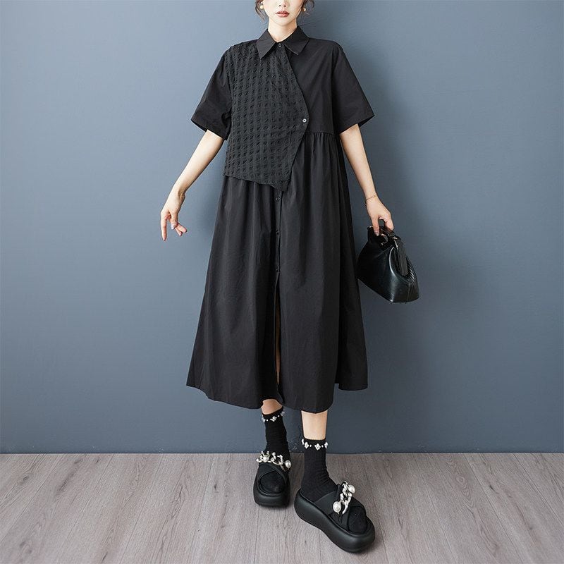 ASYMMETRIC FAUX LAYERED SHIRT MIDI DRESS M-17927