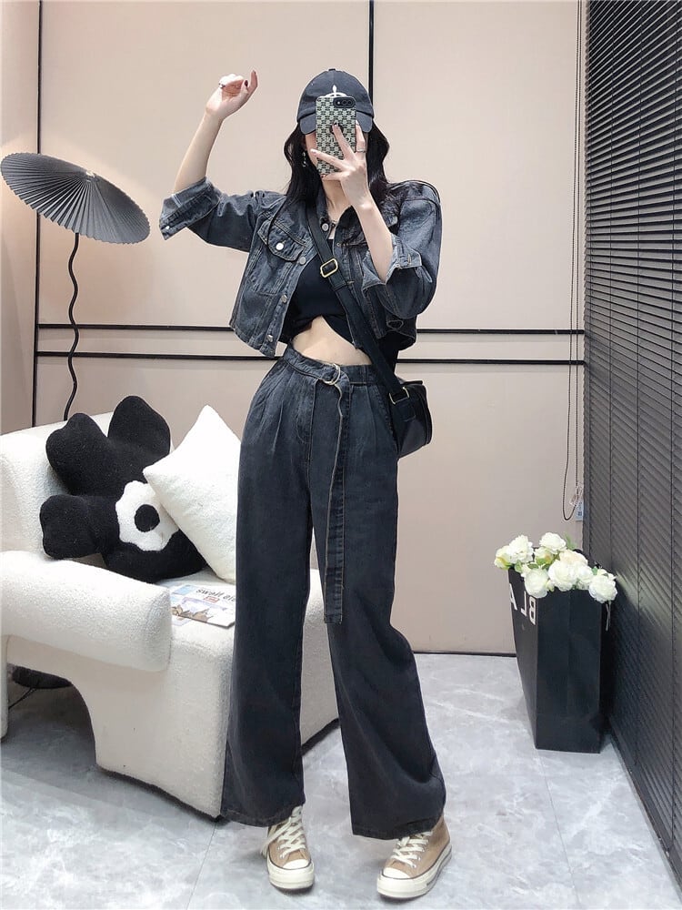 デニム ワイドパンツ ジャケット セット set】人気ファッションデニムセットアップジャケット+ワイド