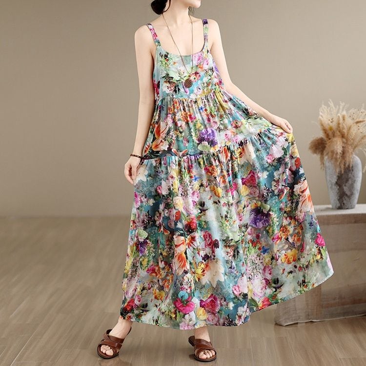 FLORAL PRINT TIERED STRAPPY LOOSE LONG DRESS M-18033