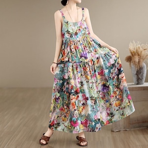 FLORAL PRINT TIERED STRAPPY LOOSE LONG DRESS M-18033