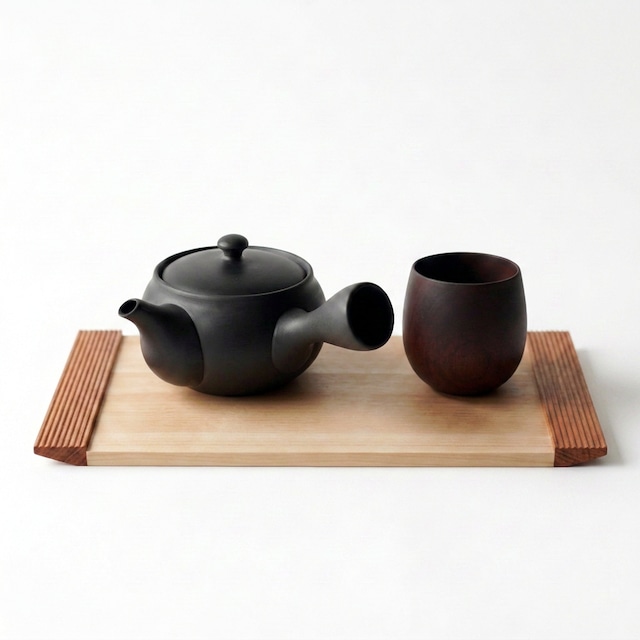余白【日本茶三点セット】常滑急須 檜と桜のトレー 木製漆塗り湯呑み 黒
