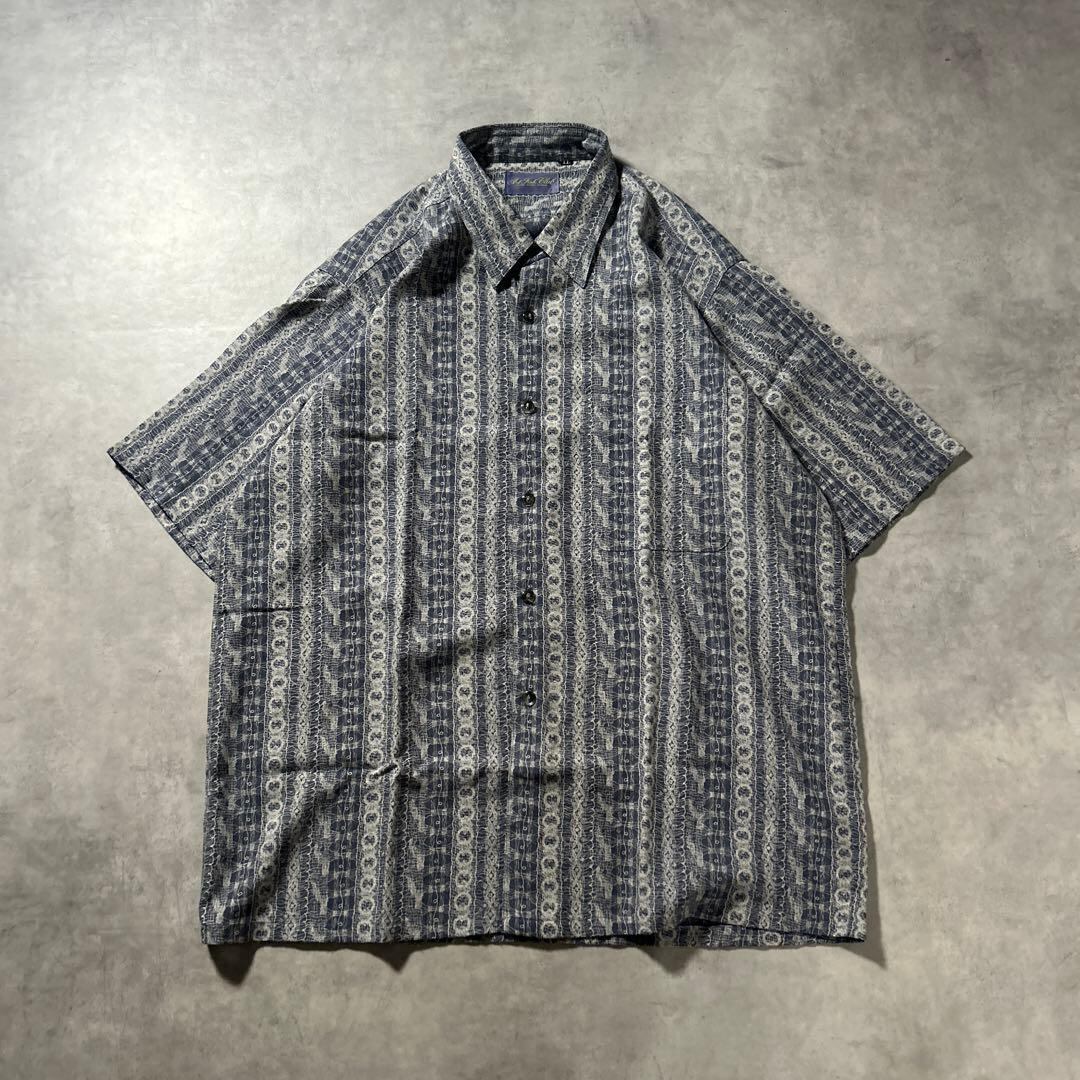 ヴィンテージ ネイビー 総柄 ベージュ アートパターン デザイン レトロ シャツ