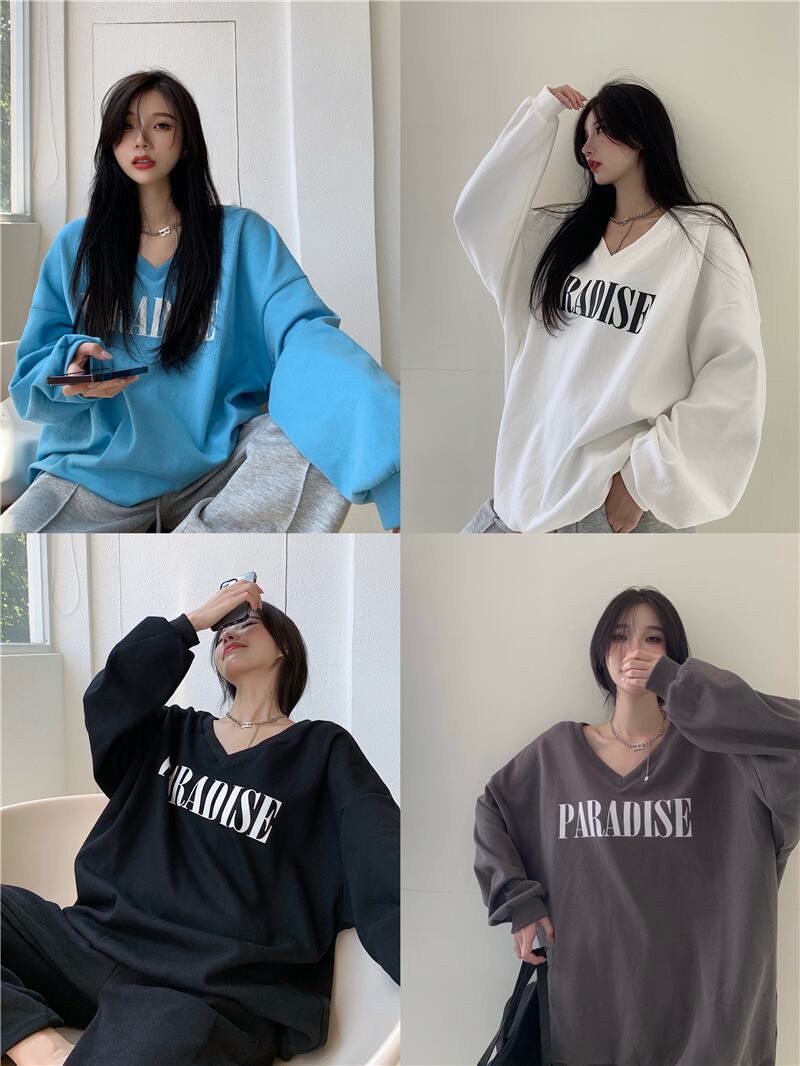 スタイルルーズVネックプリントセーター オータムスタンダードカジュアルプルオーバー ジャケット レトロ 秋物 ブラックストロベリース51025460663