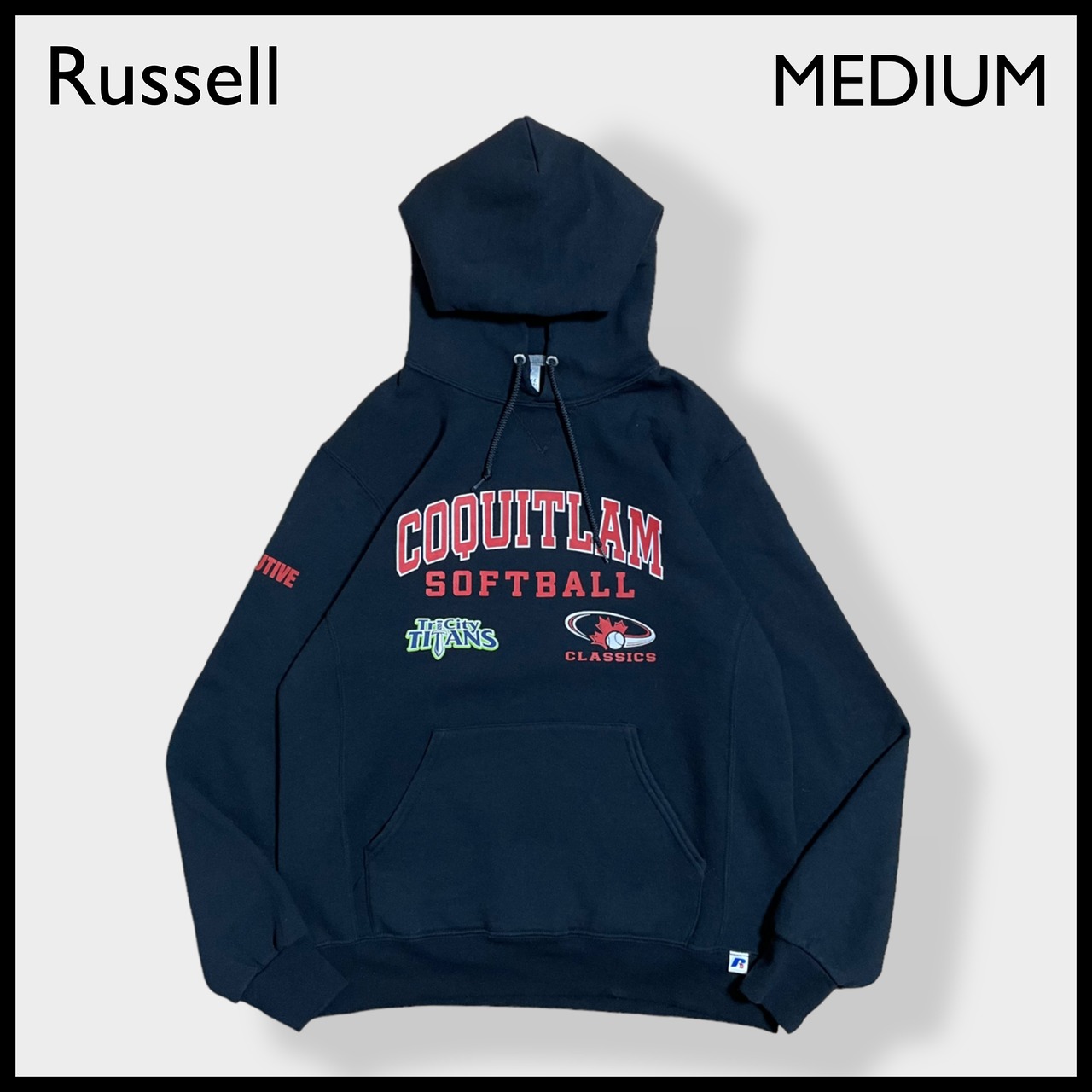 【Russell】Coquitlam Softball ソフトボール アーチロゴ 袖プリント パーカー フーディー プルオーバー M 黒 裏起毛 ラッセル US古着