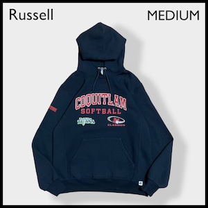 【Russell】Coquitlam Softball ソフトボール アーチロゴ 袖プリント パーカー フーディー プルオーバー M 黒 裏起毛 ラッセル US古着