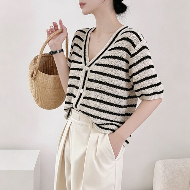 【outer】ボーダー柄ニットカーディガン Q8288