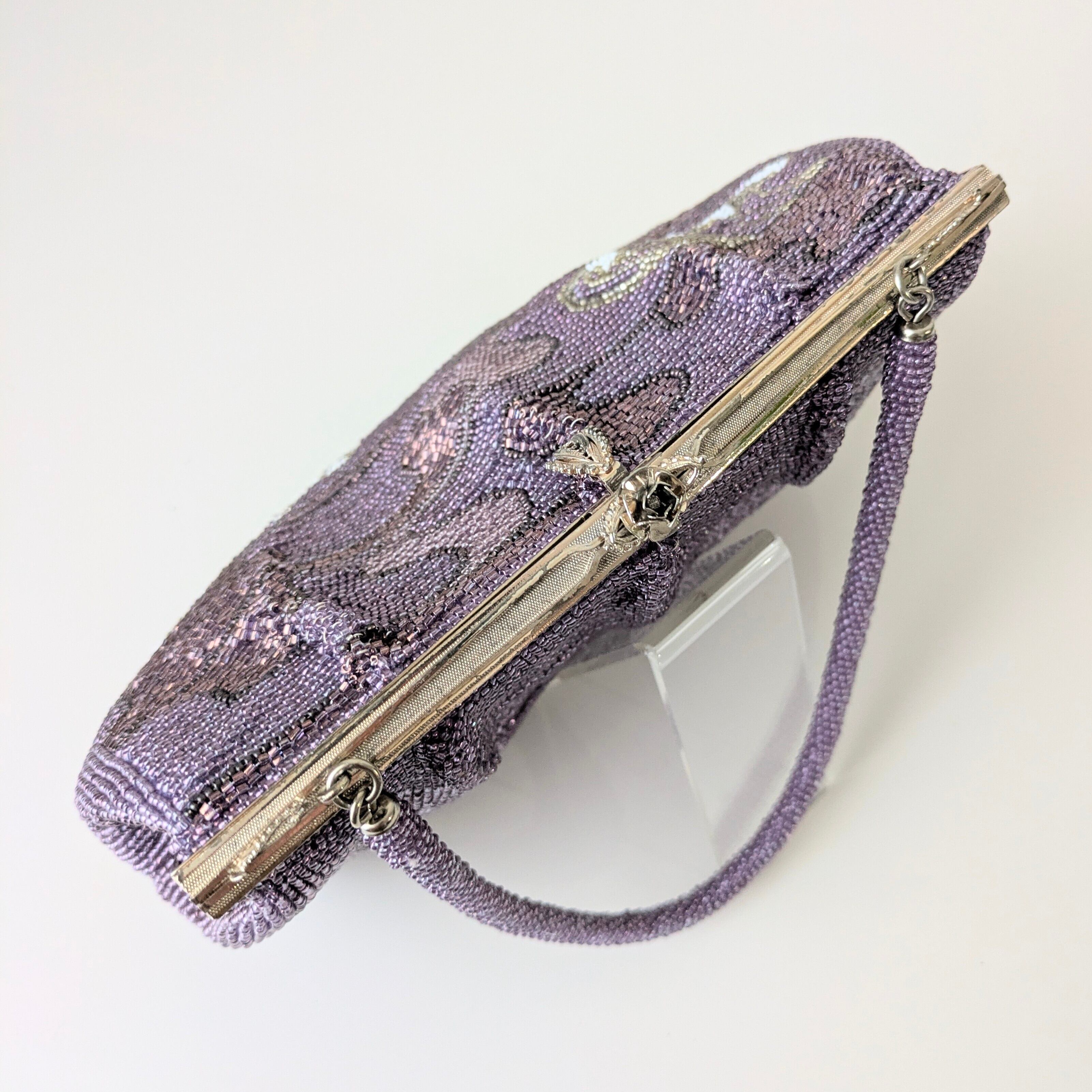 Vintage】ビーズ刺繍バッグ 藤色 流水文 パーティーバッグ クラッチ