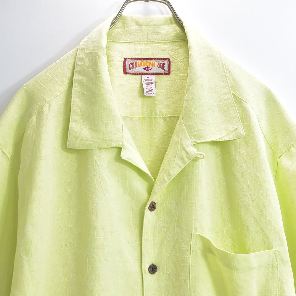 00s CARIBBEAN JOE カリビアンジョー アロハシャツ 開襟 ヤシの木柄 ジャガード ライムグリーン ヴィンテージ ビンテージ USA アメリカ古着 メンズXXL相当