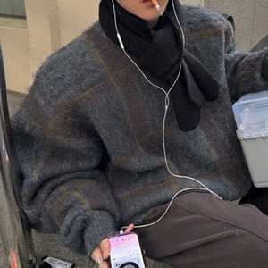 ふわふわチェック柄ビッグニット　1052