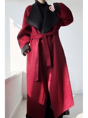 Large collar dark red wool coat [T2716]