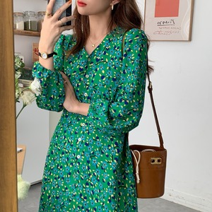 グリーン小花柄ワンピース　 A0312