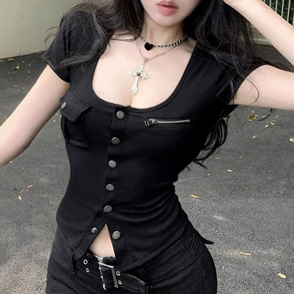 アウトポケット Tシャツ 半袖 レディース 春夏 韓国 トップス 大人 カジュアル ストリート 原宿系 アメカジ おしゃれ タイト 華奢見え Uネック 伸縮性 大人可愛い 大人女子