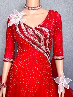 社交ダンス ドレス　スタンダード　モダンドレス　レッド　M～ML　ST-22-17 　デモ・競技用ドレス　発表会　衣装　パーティドレス　ワンピース　舞台衣装