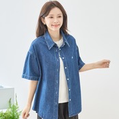 TRUBE ワンポイント刺繍ドロップショルダー半袖デニムシャツ【M~L】デニムブルー