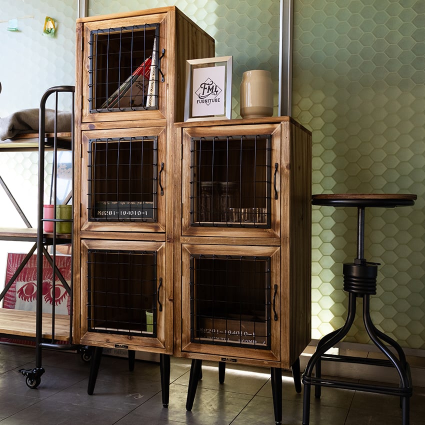 FML /Wood & Iron Cabinet 3floor|アイアンメッシュ扉 3段ウッドキャビネット