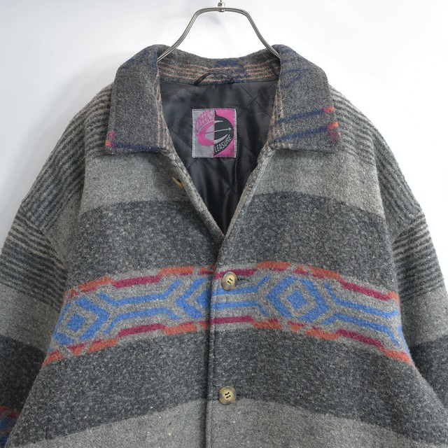 80～90s CREEKS クリークス ネイティブ柄 ウール ジャケット ブランケット コート アウター 中綿入り グレー キリム オルテガ トライバル ヴィンテージ ビンテージ 古着 メンズL～XL相当