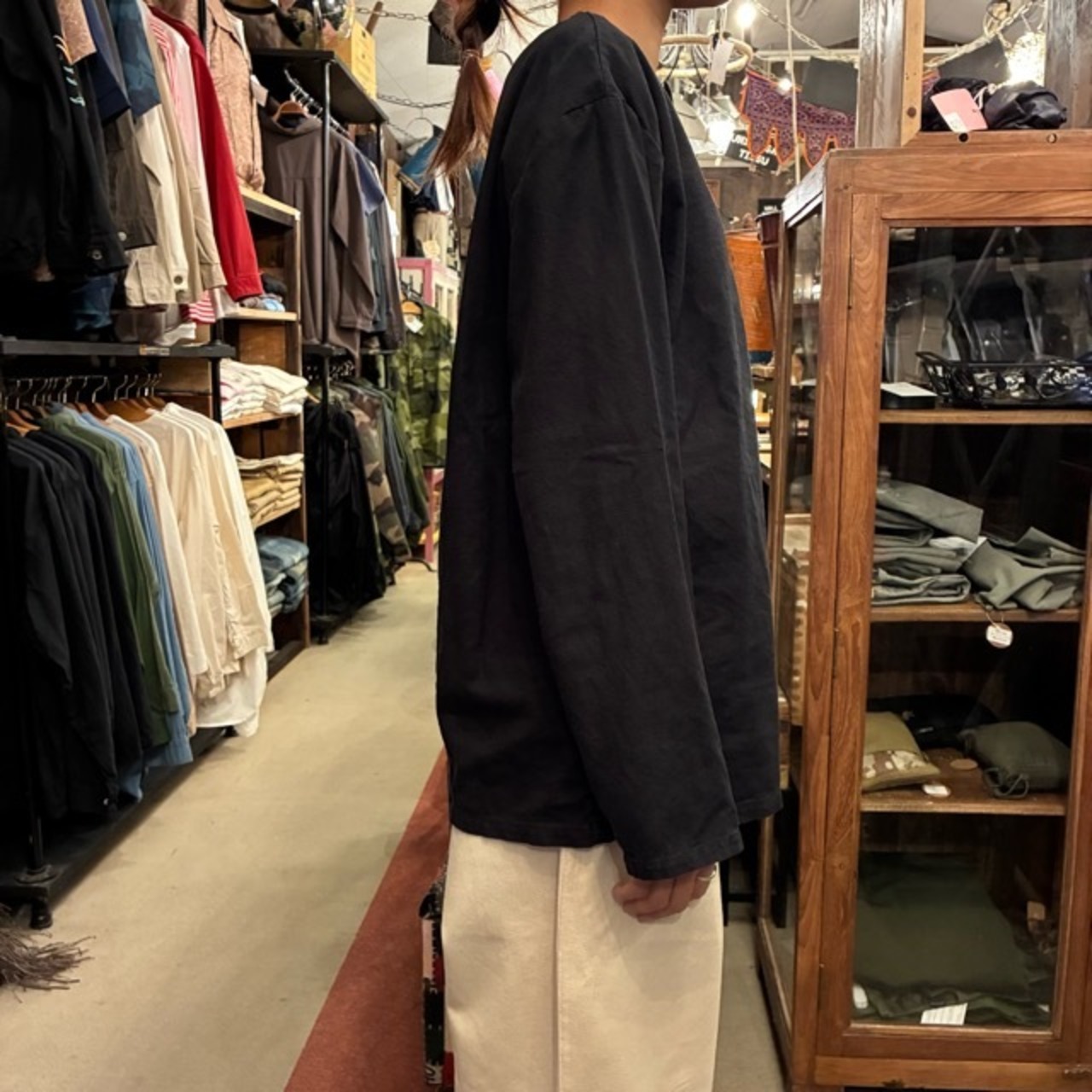 French type Linen cotton Henley shirt L/S Black dyeing　フランスタイプ　リネンコットンヘンリーネックシャツ　ブラック染　L/S　ファッション　ユニセックス　軍物　フランス軍　ミリタリー　長袖　インナー　ブラウス　後染め