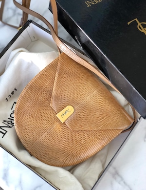 Yves Saint Laurent イヴ サンローラン　YSL　リザード型押し　ラウンド　ショルダーバッグ　ブラウン　vintage　ヴィンテージ　オールド　nzn55d