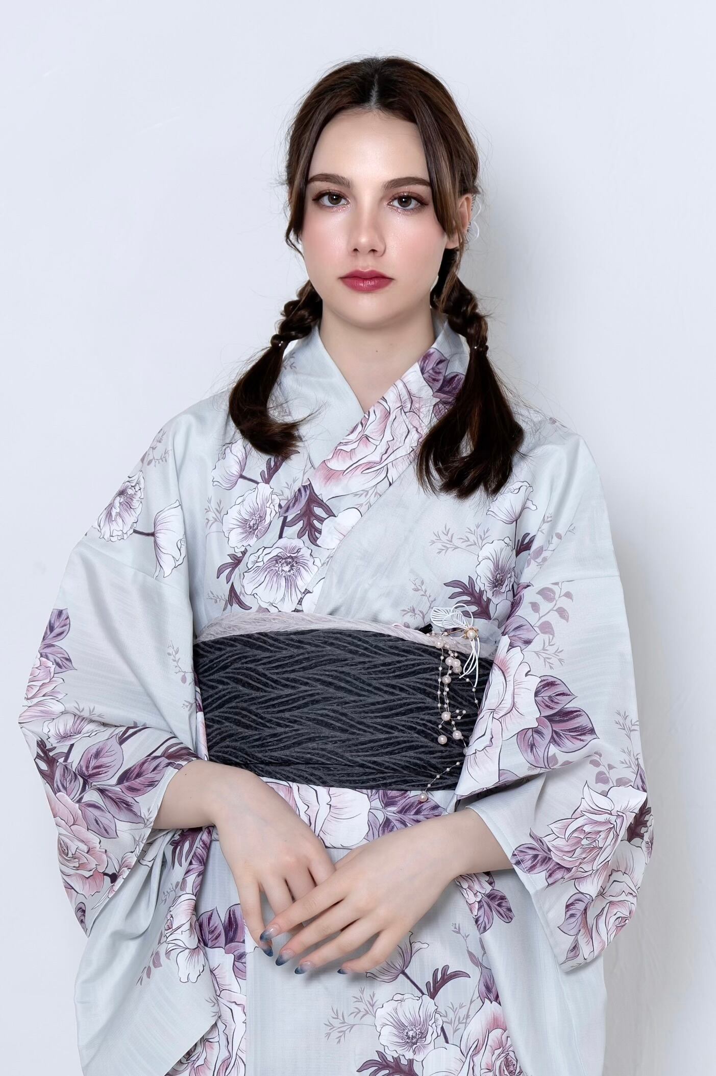浴衣ジェンヌ 浴衣3点セット ライトグレー シフォン兵児帯 くすみ