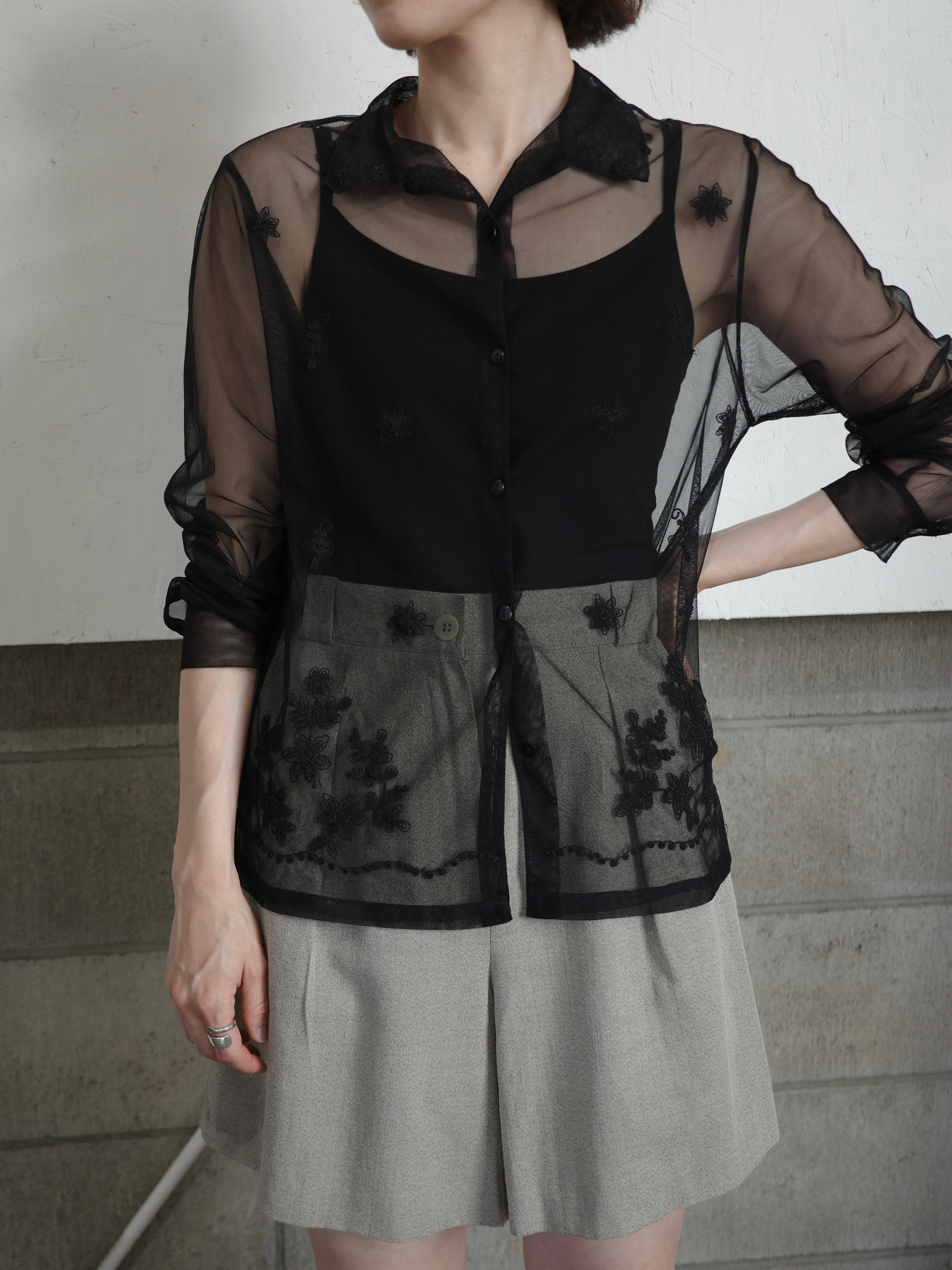 〈vintage〉see through embroidery shirt