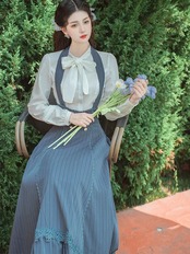 【0206】Striped Bowtie Ribbon Shirt Skirt Long Sleeve 2 Piece Set