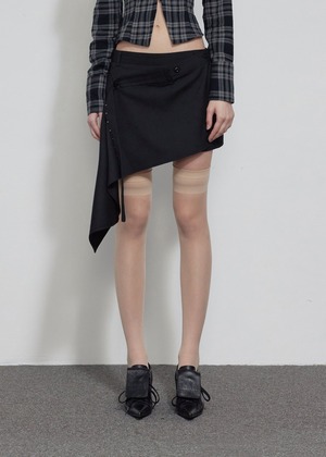 [BOHEMIAN SEOUL] UNBALANCED DRAPE MINI SKIRT, STRIPE BLACK 正規品 韓国ブランド 韓国通販 韓国代行 韓国ファッション bohemseo ボヘミアンソウル ボヘムソ 日本 店舗