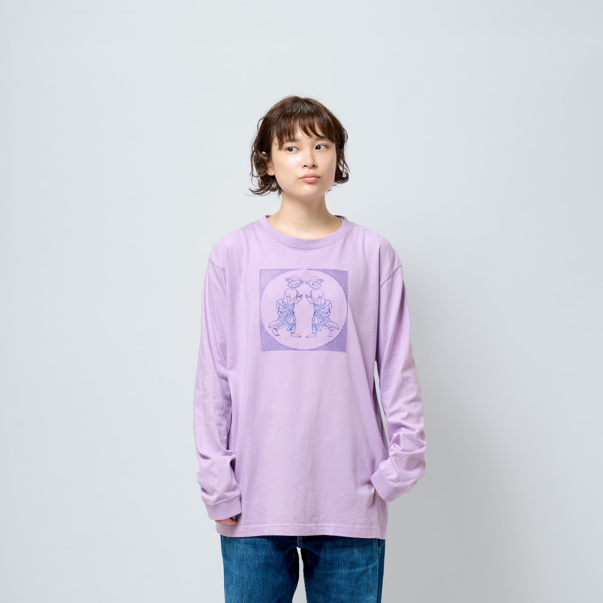 善財童子 仏像 ロングスリーブ Tシャツ (刺繍) ライトパープル