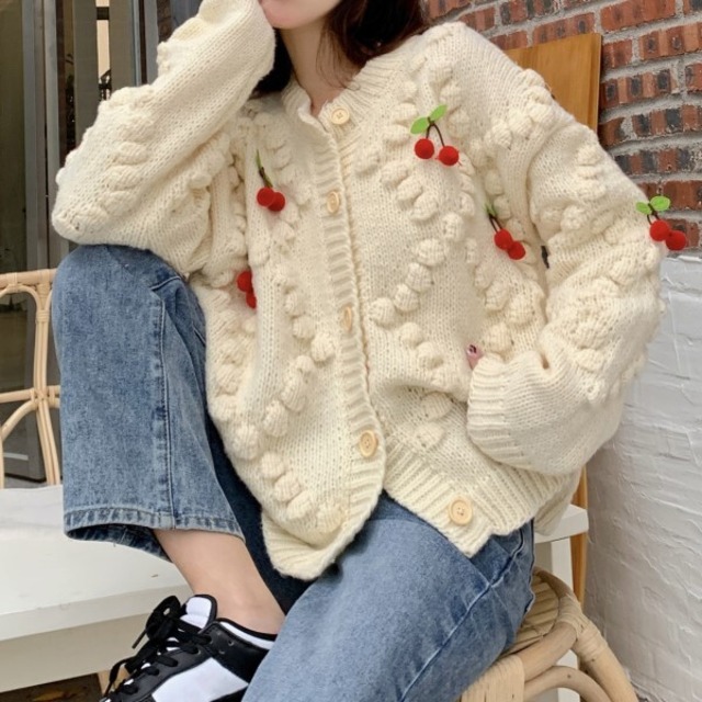 ニット カーディガン チェリー クルーネック トップス アウター デザイン感