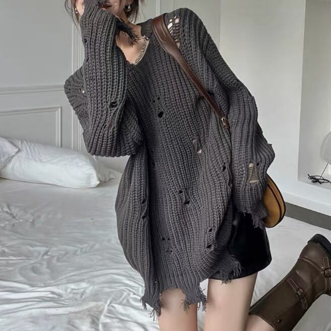 【tops】ダメージ加工ニットトップス M19843