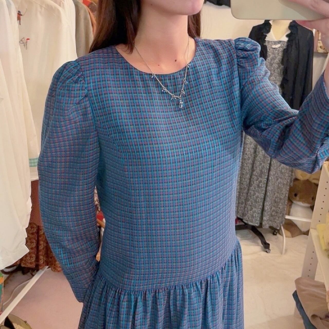 blue pink check low waist one-piece