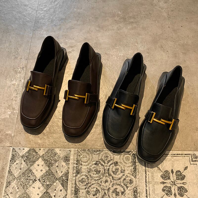 2019秋の女性の小さな革の靴の女性のレトロな学生版の野生の四角い頭の1つのペダルと黒の厚いヒール 部族の婦人靴0749318