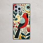 受注生産 iPhoneケース 鳥と赤い丸花の民芸柄｜鳥モチーフ FMSY121B