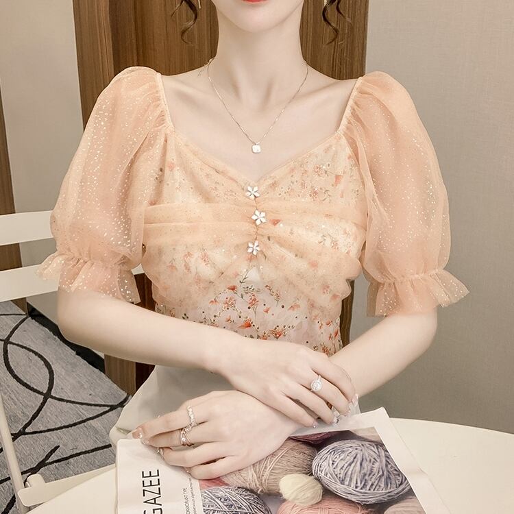 トップス レディース ブラウス シャツ ペンタゴンネック オフショルダー 2WAY 半袖 花柄 フラワー キーネック チュール メッシュ 小花柄 切り替え 透け感 かわいい 大人可愛い きれいめ オシャレ パフスリーブ 長袖 大人 通勤 OL ゆったりシャツ カジュアル 上品 おしゃれ エレガント お洒落 かっこいい フェミニン 20代 30代 40代 オフィス ビジネス 通勤 デート お出かけ 女子会 休日 着回し 普段使い ファッション スタイル 体型カバー アプリコット S M L XL 送料無料