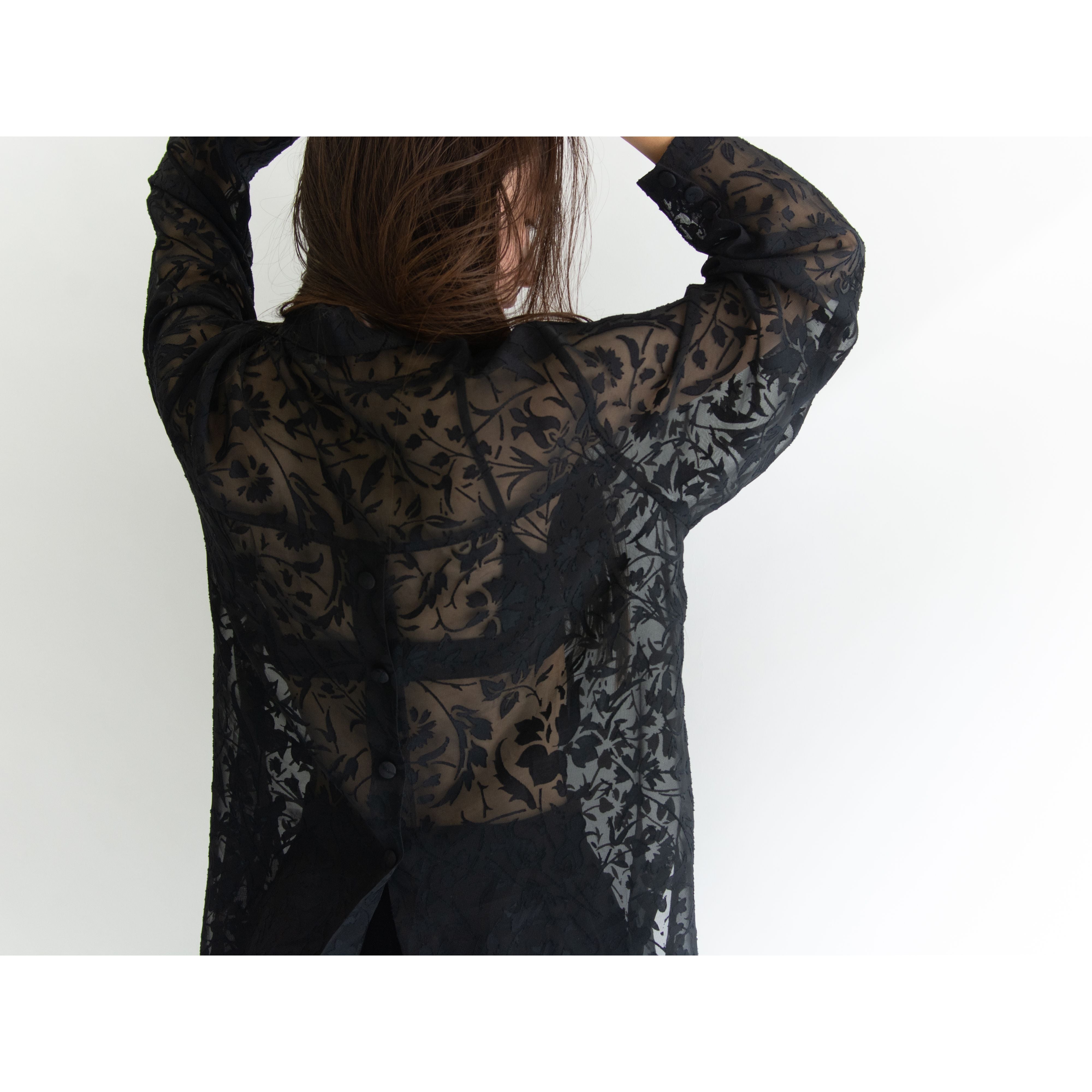 【Made in France】Botanical pattern see-through blouse(フランス製 ボタニカル シースルーブラウス シャツ)10b