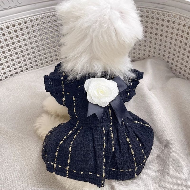 黒のワンピース・リボン・コサージュの3点セット　犬服　00670