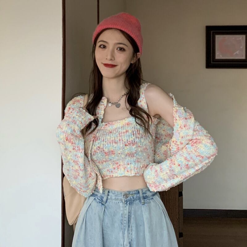 ルーズニットショートクロップドコート セーター オータム 秋物 ハンチェンe50178115105