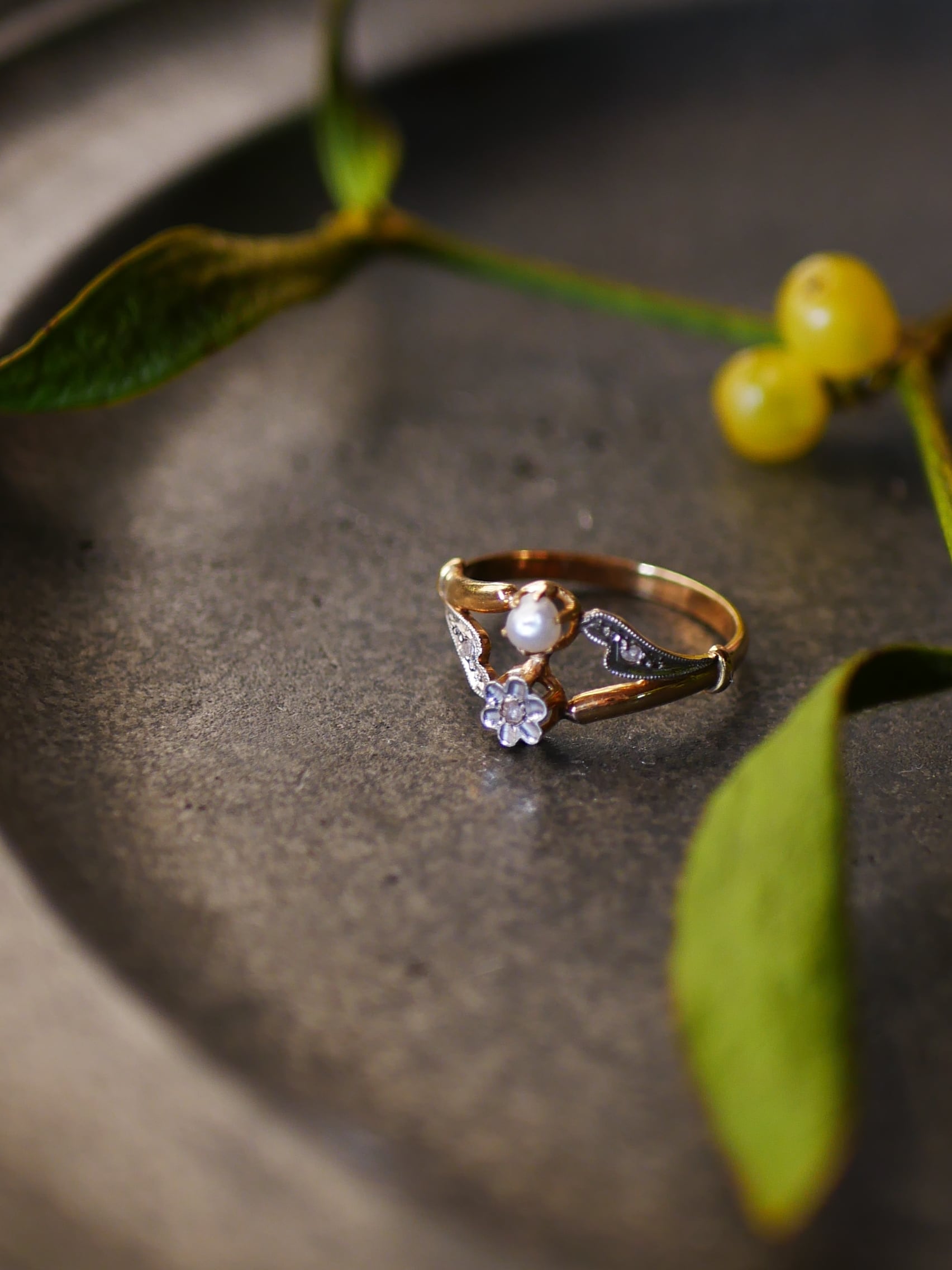 FR-10 アンティークリング K18 天然ダイヤモンド 天然真珠 フランスアンティーク