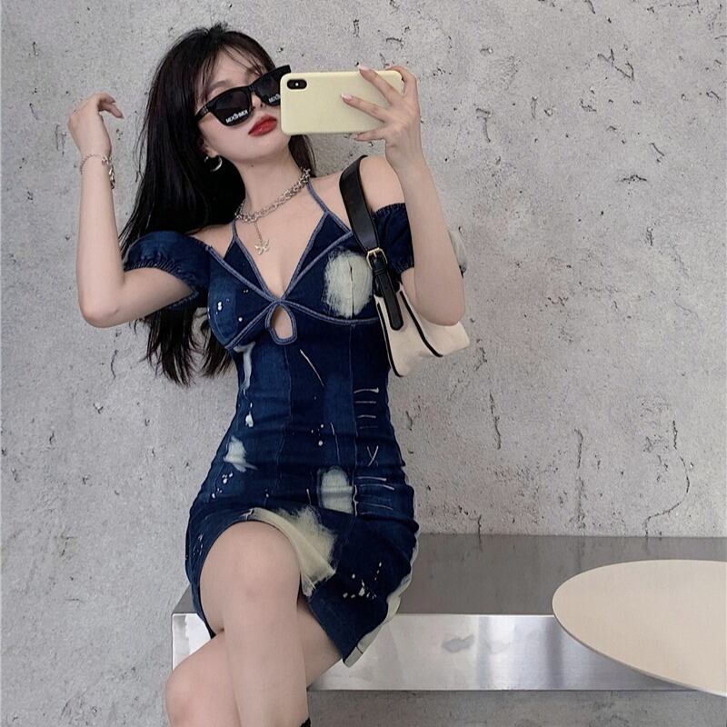 絞り染めデニムスリングドレス女性の2020年夏の新しいセクシーなバッグヒップスカート気質は薄いショートスカートでした ブラックストロベリース40443725452