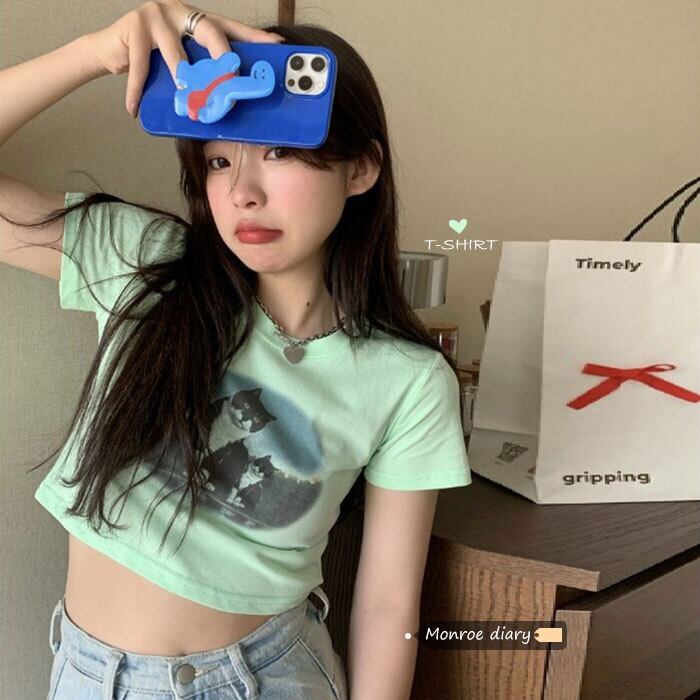 ショートトップス スリムサマーグリーンTシャツ 大人ガーリー スウィート キュート カジュアル 夏物 モンロー51525202403
