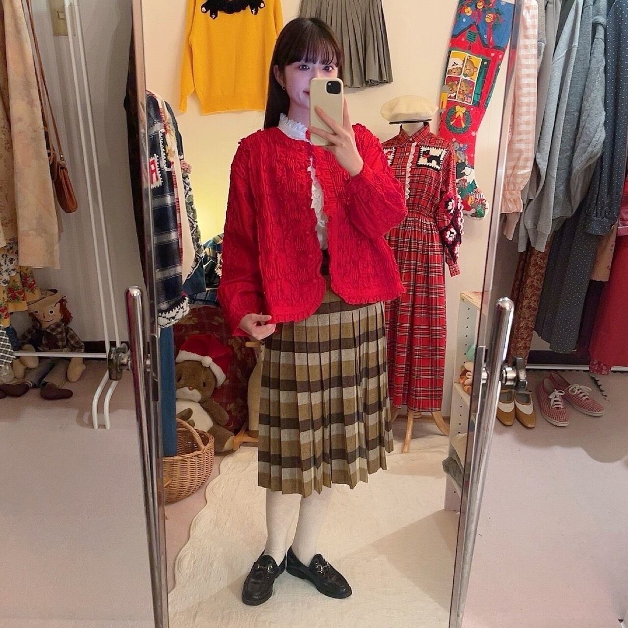 red frill pintuck cotton blouse