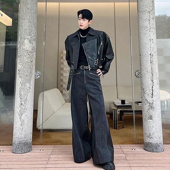 予約販売】メンズ セットアップ 上下 長袖 デニム 異素材 レザー