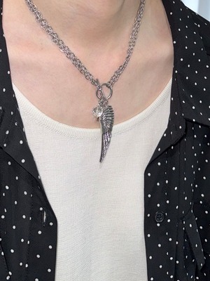 feather charm layered chain necklace / silver