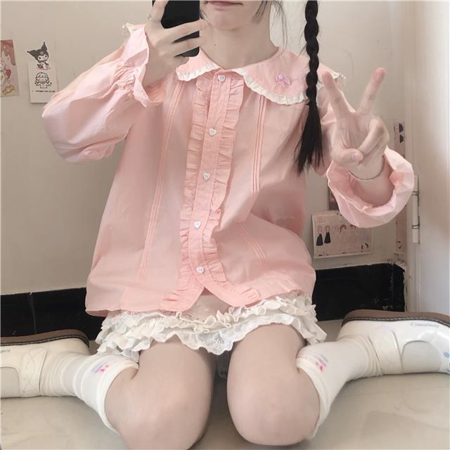 送料無料 HOUZHOU ロリータシャツ女性ピンクスウィート長袖ブラウス