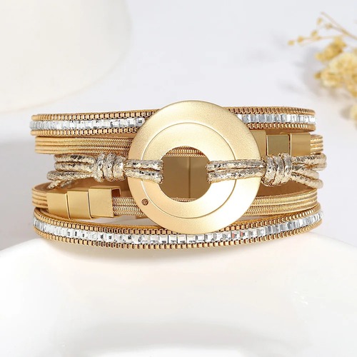 チャーム ブレスレット  クリスタル スクエア サークル チェーン レザー メタル レディース トレンド 透かし 編組 BOHO